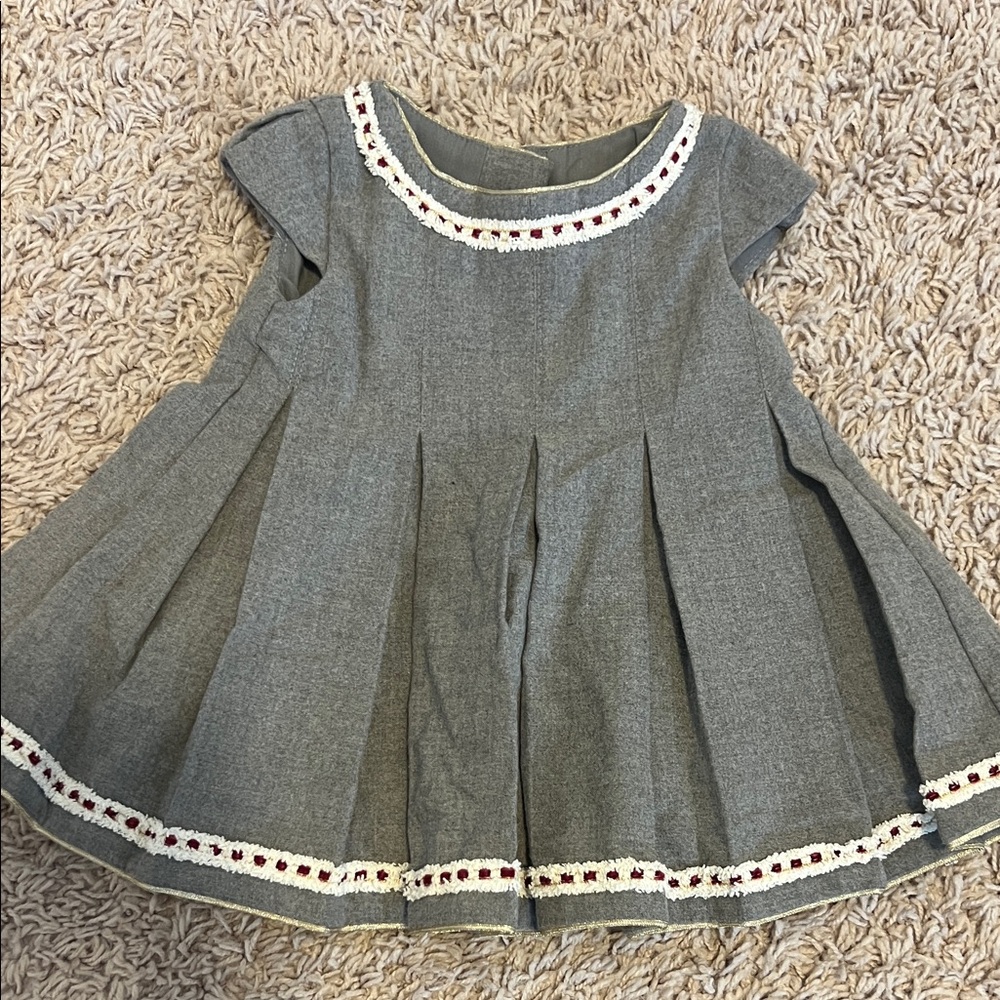 Soft cashmere like  Gray Kids Dress with White and Red Accents